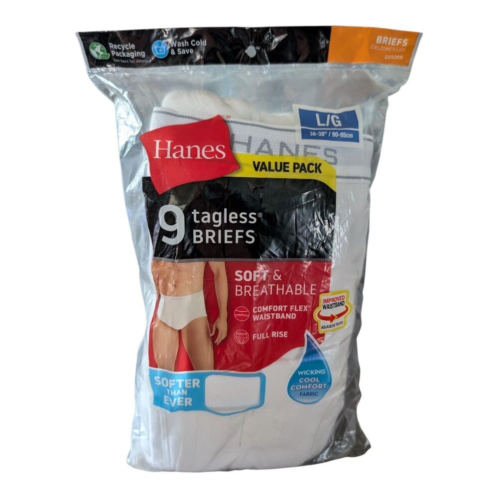 Hanes Mens Tagless Briefs White Underwear 9 Pack Size Large L 36-38 NIP Sealed